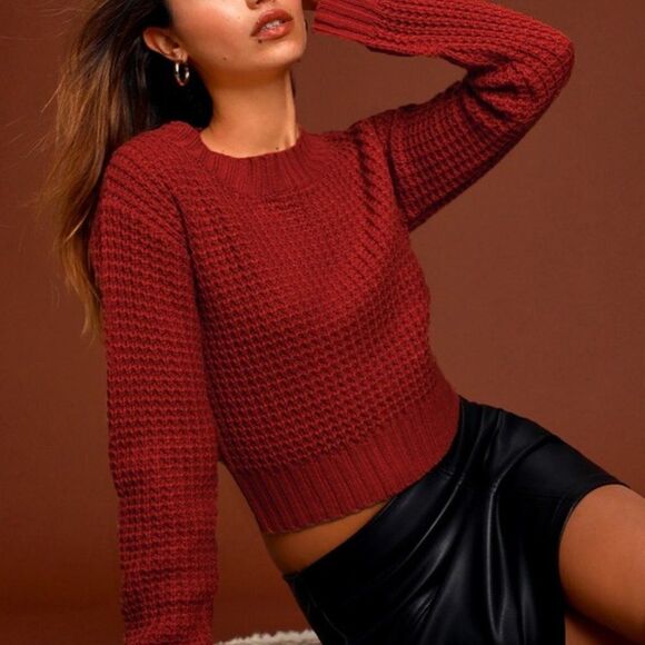 Lulu's‎ Women's Cable Knit Sweatshirt Drop Shoulder Brick Red - Picture 1 of 6